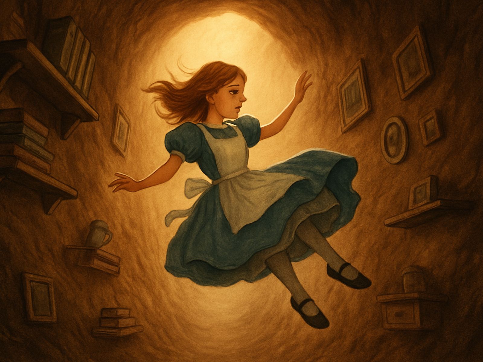 The rabbit-hole went straight on like a tunnel for some way, and then dipped suddenly down, so suddenly that Alice had not a moment to think about stopping herself before she found herself falling down a very deep well.