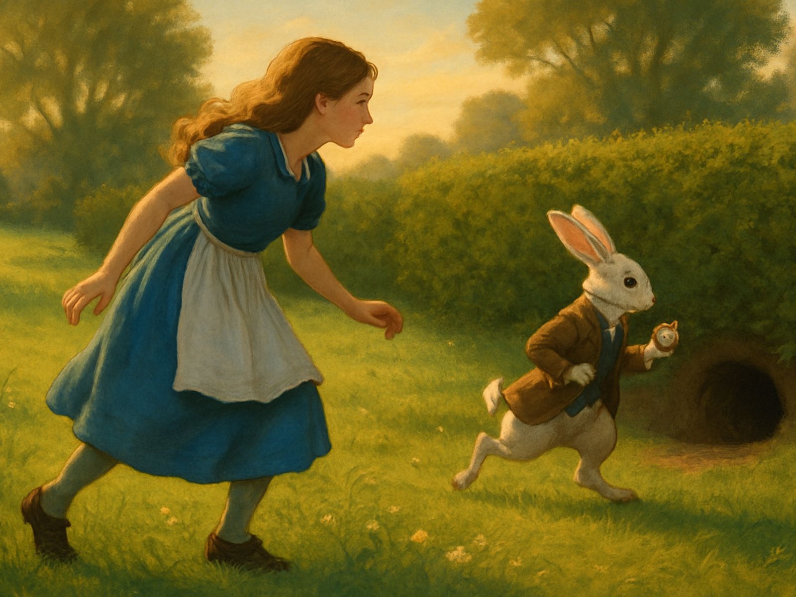 There was nothing so _very_ remarkable in that; nor did Alice think it so _very_ much out of the way to hear the Rabbit say to itself, “Oh dear! Oh dear! I shall be late!” (when she thought it over afterwards, it occurred to her that she ought to have wondered at this, but at the time it all seemed quite natural); but when the Rabbit actually _took a watch out of its waistcoat-pocket_, and looked at it, and then hurried on, Alice started to her feet, for it flashed across her mind that she had never before seen a rabbit with either a waistcoat-pocket, or a watch to take out of it, and burning with curiosity, she ran across the field after it, and fortunately was just in time to see it pop down a large rabbit-hole under the hedge.