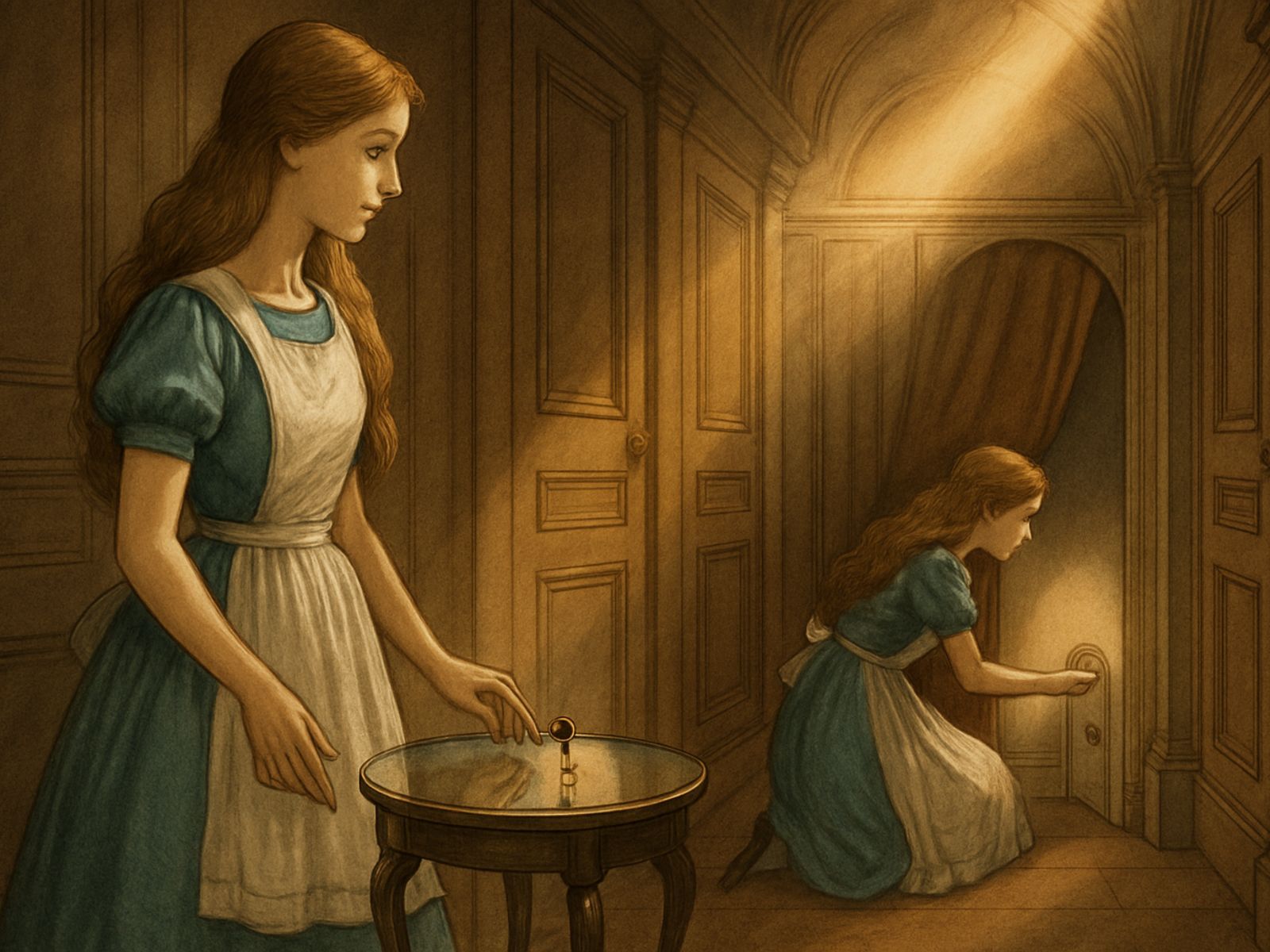 Suddenly she came upon a little three-legged table, all made of solid glass; there was nothing on it except a tiny golden key, and Alice’s first thought was that it might belong to one of the doors of the hall; but, alas! either the locks were too large, or the key was too small, but at any rate it would not open any of them. However, on the second time round, she came upon a low curtain she had not noticed before, and behind it was a little door about fifteen inches high: she tried the little golden key in the lock, and to her great delight it fitted!